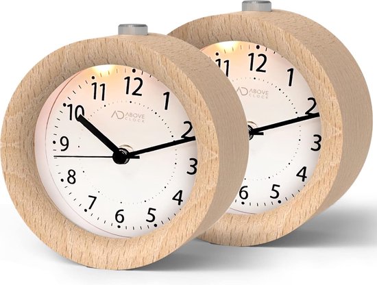 Wekker analogique sans tic-tac, 2 pièces, réveil en bois avec snooze, horloge de table de chevet avec veilleuse, fonctionne sur piles