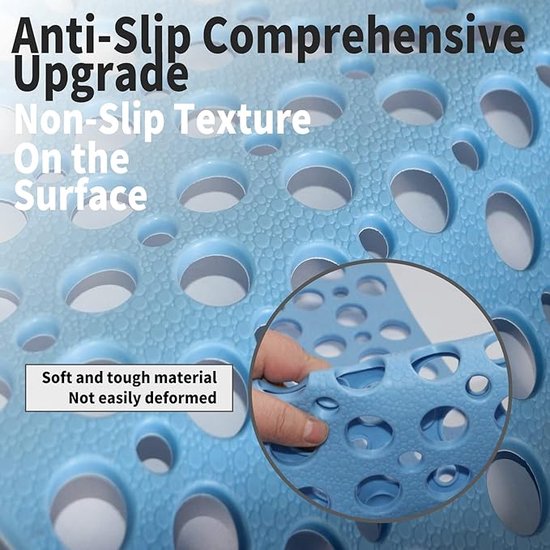 Tapis antidérapant bleu clair avec texture antidérapante et de nombreuses ouvertures rondes. Matériau souple et résistant.