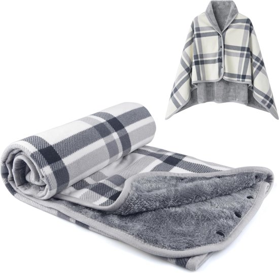 Dames poncho fleece draagbare deken, geruite schootdeken, comfortabele poncho pluche dekens gooi sjaal wrap cover cape met knopen voor slaapbank kantoor
