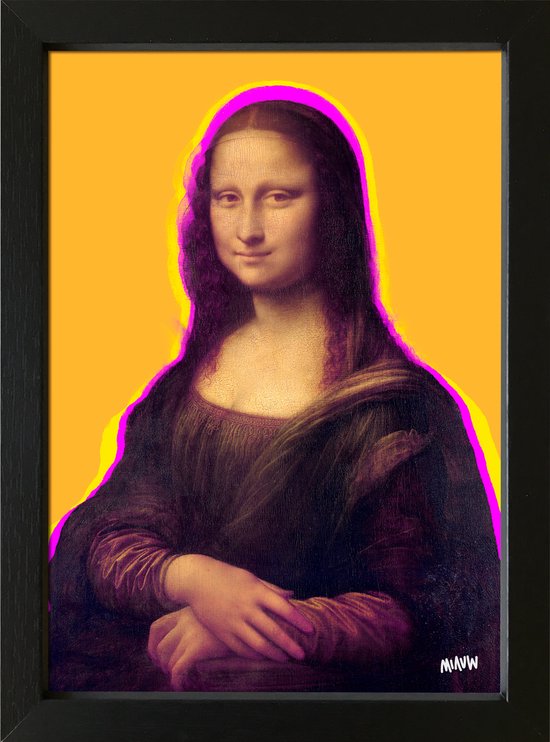 Mona Lisa popart in een zwart houten lijstje 15x20cm - kunstcadeautje kunst in het klein