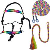 Rijhalsterset ‘deluxe rainbow’ maat pony | rijhalster, touwhalster, rijden, halster, donker, rainbow, touwproducten, neckrope, teugels