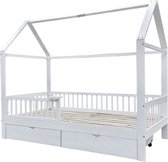 Ragnal Kinderbed - Met dak en lattenbodem - Uitvalbeveiliging - 2 Lades - 90 x 200 - Wit Grenenhout - Eenvoudige montage - Duurzaam