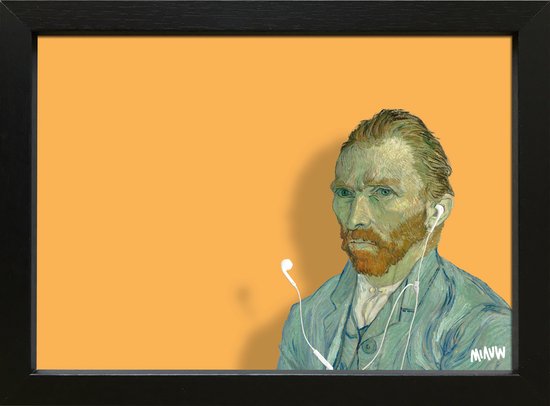 Van Gogh popart zelfportret 1889 oranje in een zwart houten lijstje 15x20cm - kunstcadeautje