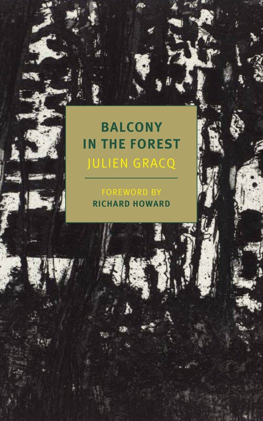 Couverture du livre 'Balcony in the Forest' avec texte et motif abstrait noir et blanc.