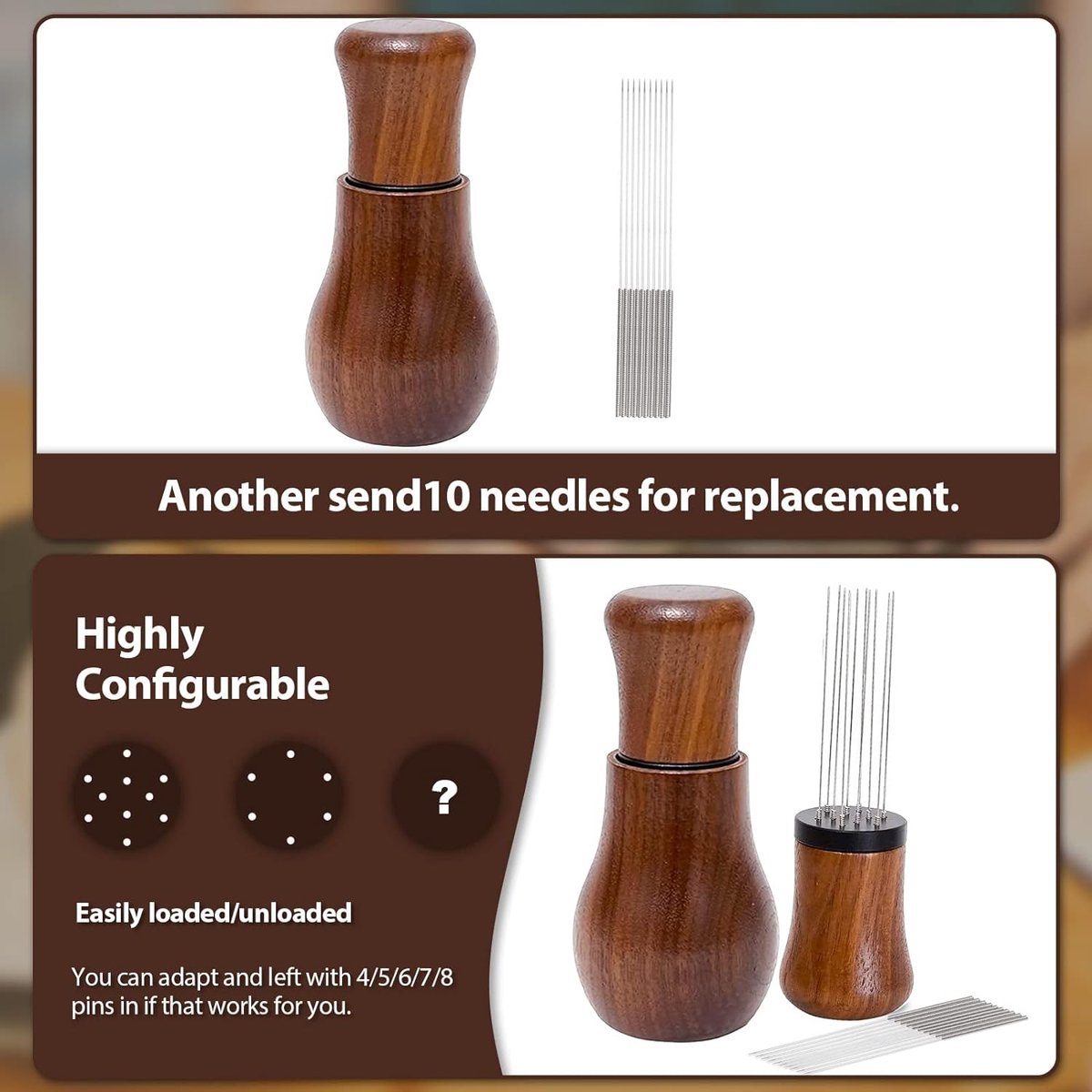 WDT-tool, espresso-verdelingsgereedschap, 304 roestvrijstalen naalden, geïnstalleerd met 10 extra naalden voor het vervangen van de koffiemolen, verdeler, natuurlijk houten handvat met 10 x 0,35 mm