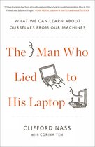 Boekcover: 'The Man Who Lied to His Laptop' met illustraties van een profiel en laptops.