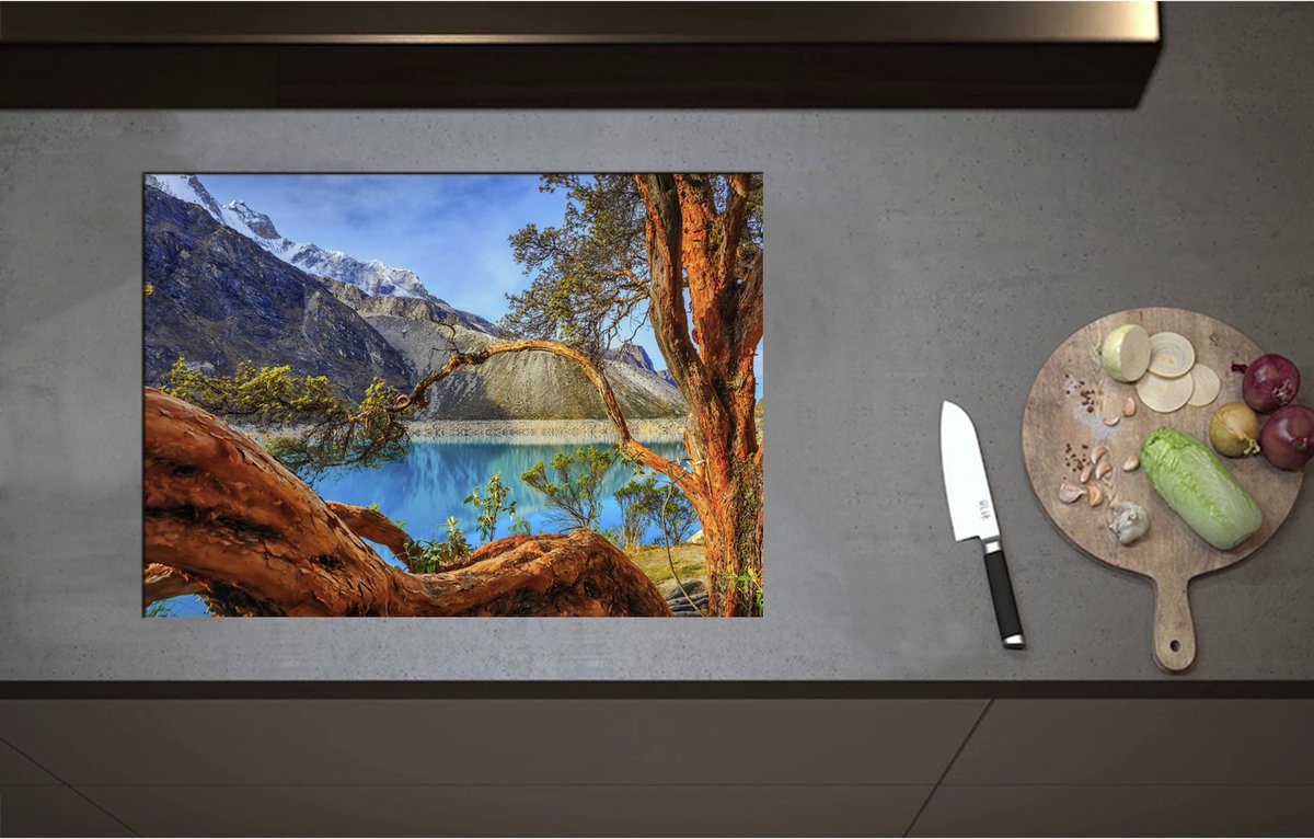 Inductieplaat Beschermer - Bomen en Takken hangend over Blauw Water in het Dal van de Bergen - 71x51 cm - 2 mm Dik - Inductie Beschermer - Bescherming Inductiekookplaat - Kookplaat Beschermer van Wit Vinyl
