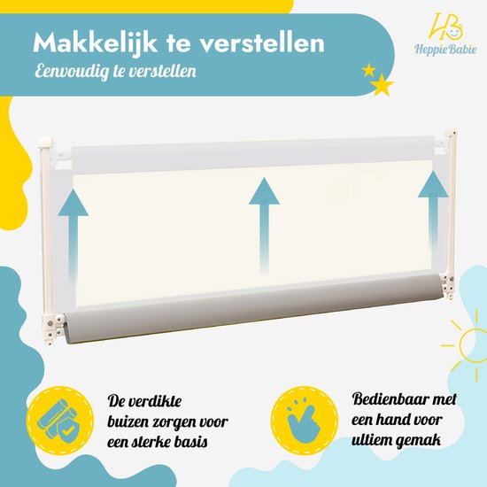 Barrière de lit HeppieBabie - Extra Longue 150 CM - Ajustable - Grijs avec filet de sécurité - Bord de lit - Barrière de lit - Support de lit