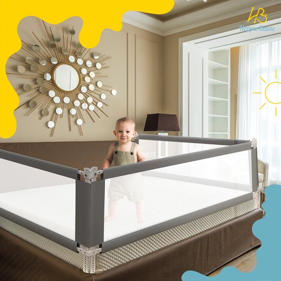 Barrière de lit HeppieBabie - Extra Longue 150 CM - Ajustable - Grijs avec filet de sécurité - Bord de lit - Barrière de lit - Support de lit