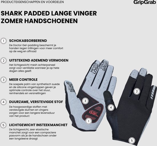 Productdetails van zomerse fietshandschoenen met lange vingers, "SHARK PADDED", met 5 genummerde voordelen en afbeeldingen.