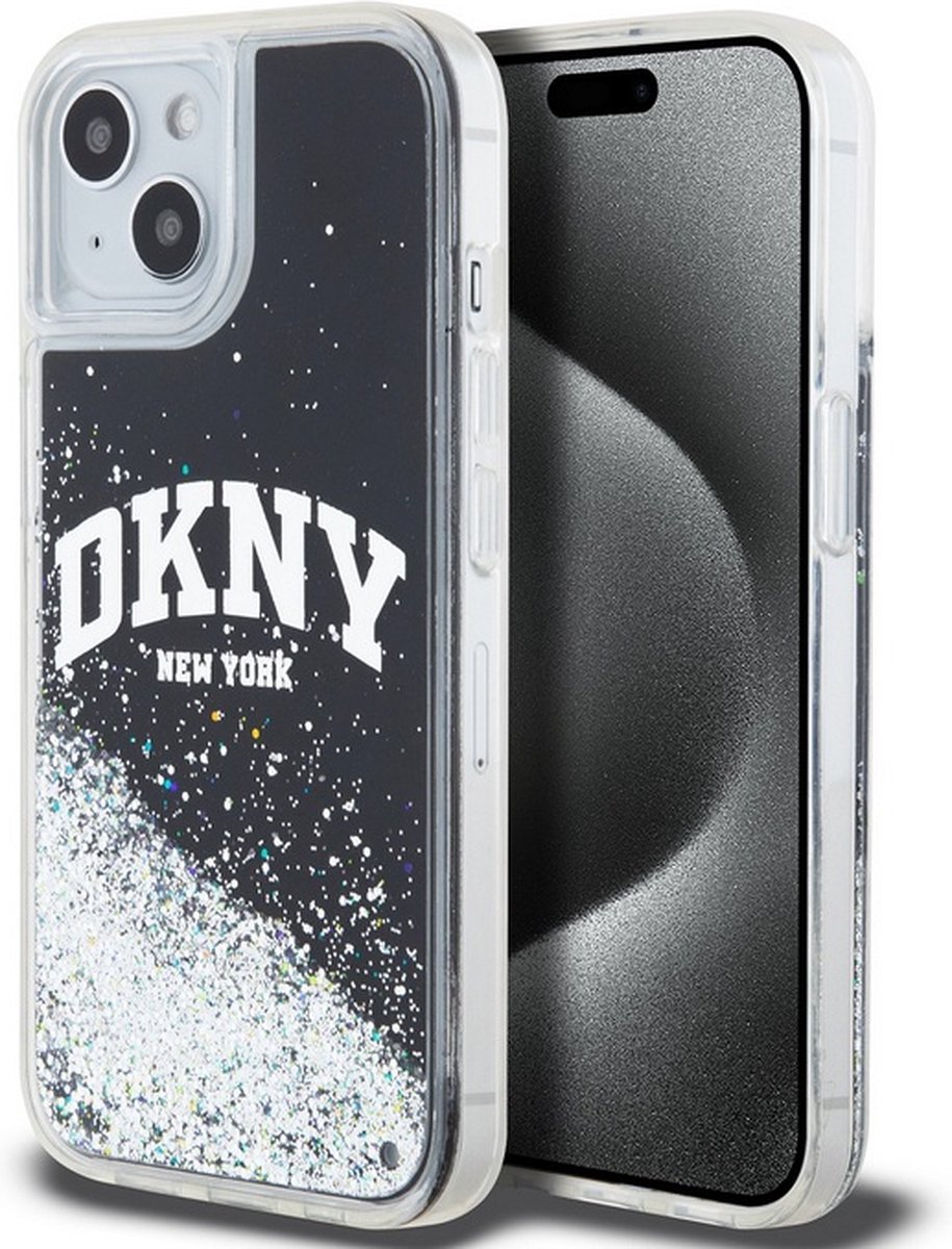 DKNY Liquid Glitter Arch Logo Back Case - Geschikt voor Apple iPhone 15 (6.1") - Zwart/Zilver