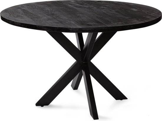 Zita Home El - Table à manger - ronde 130cm de diamètre - entièrement noire - bois de manguier massif avec bord épais