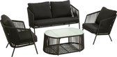 J-Line set Eli 4 pièces Sofas+Table+Coussins - métal/rotin - noir