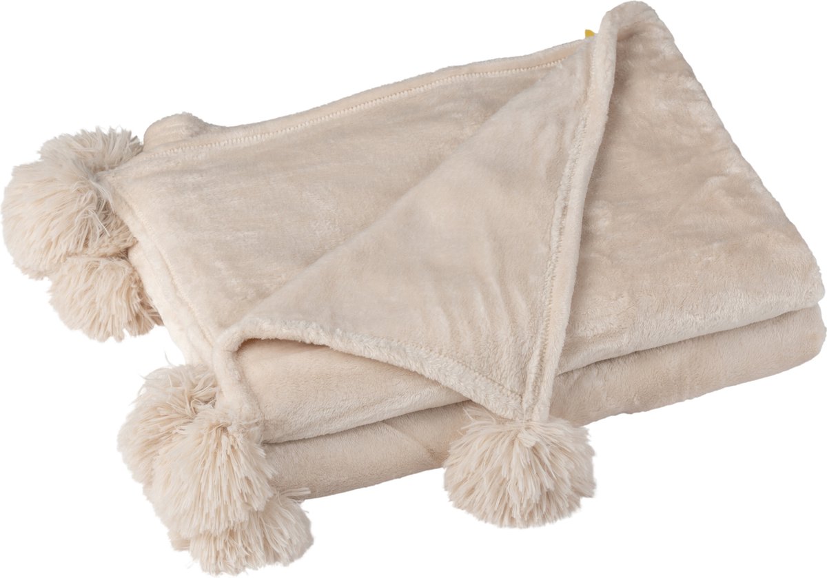 J-Line plaid Pompom - polyester - lichtbeige - 170 x 130 cm