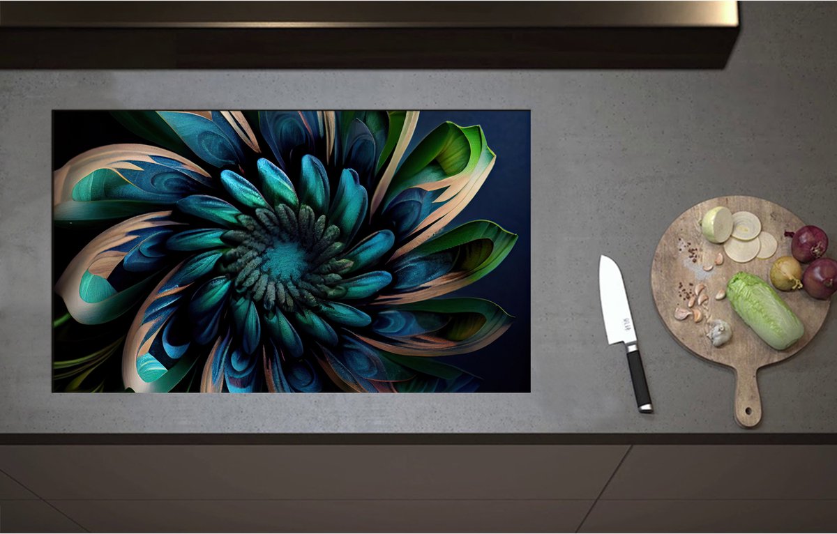 Inductieplaat Beschermer - Bloem in Blauw en Groen Tinten - 85x51 cm - 2 mm Dik - Inductie Beschermer - Bescherming Inductiekookplaat - Kookplaat Beschermer van Wit Vinyl