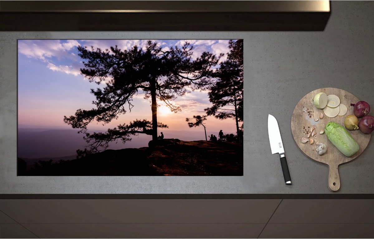 Inductieplaat Beschermer - Boom met Paarse Zonsondergang - 90x55 cm - 2 mm Dik - Inductie Beschermer - Bescherming Inductiekookplaat - Kookplaat Beschermer van Zwart Vinyl