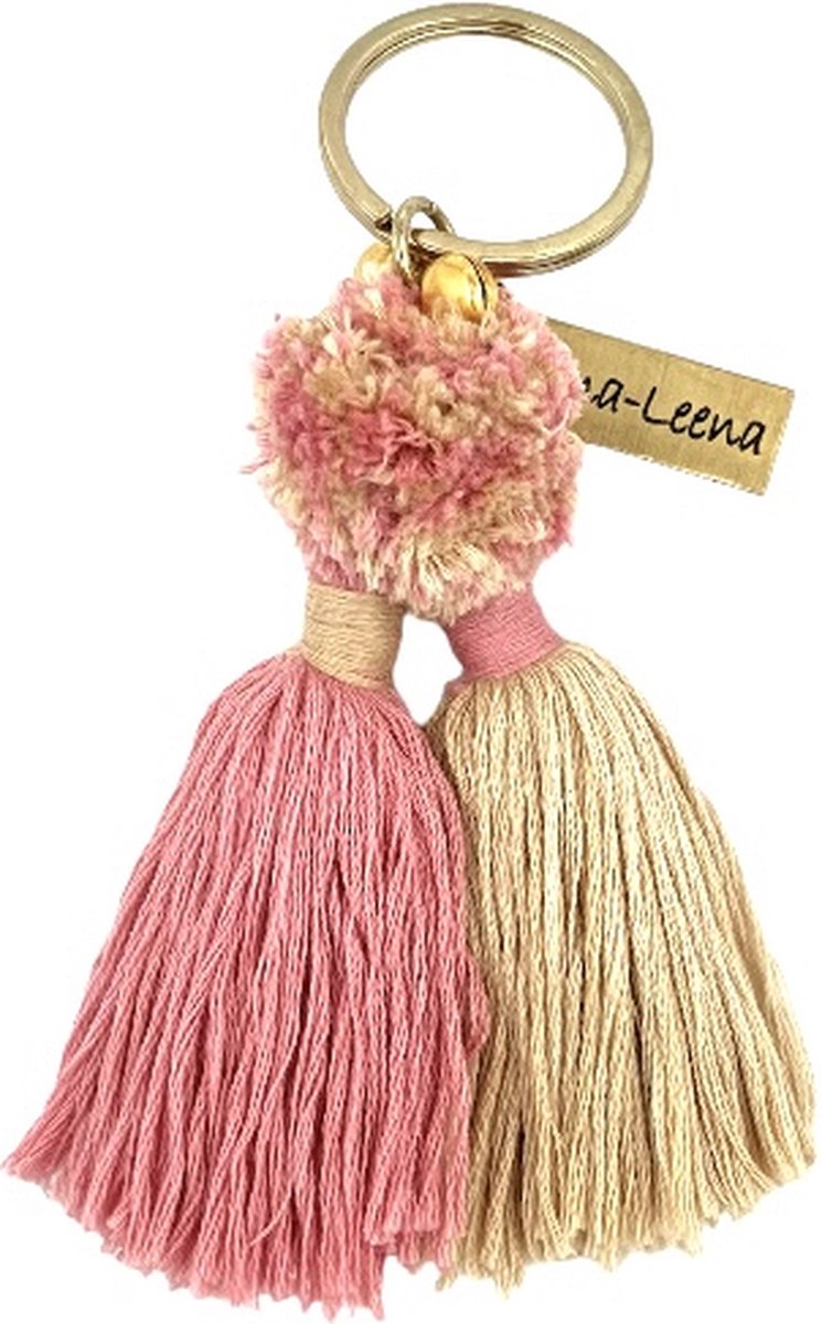 Luna-Leena duurzame dubbele kwasten sleutelhanger/ tashanger van bio katoen -pink/zand - L10cm incl ring - handgemaakt in Nepal - kwast - keychain twin tassel - cadeau - boho - Ibiza - bohemian - moederdag