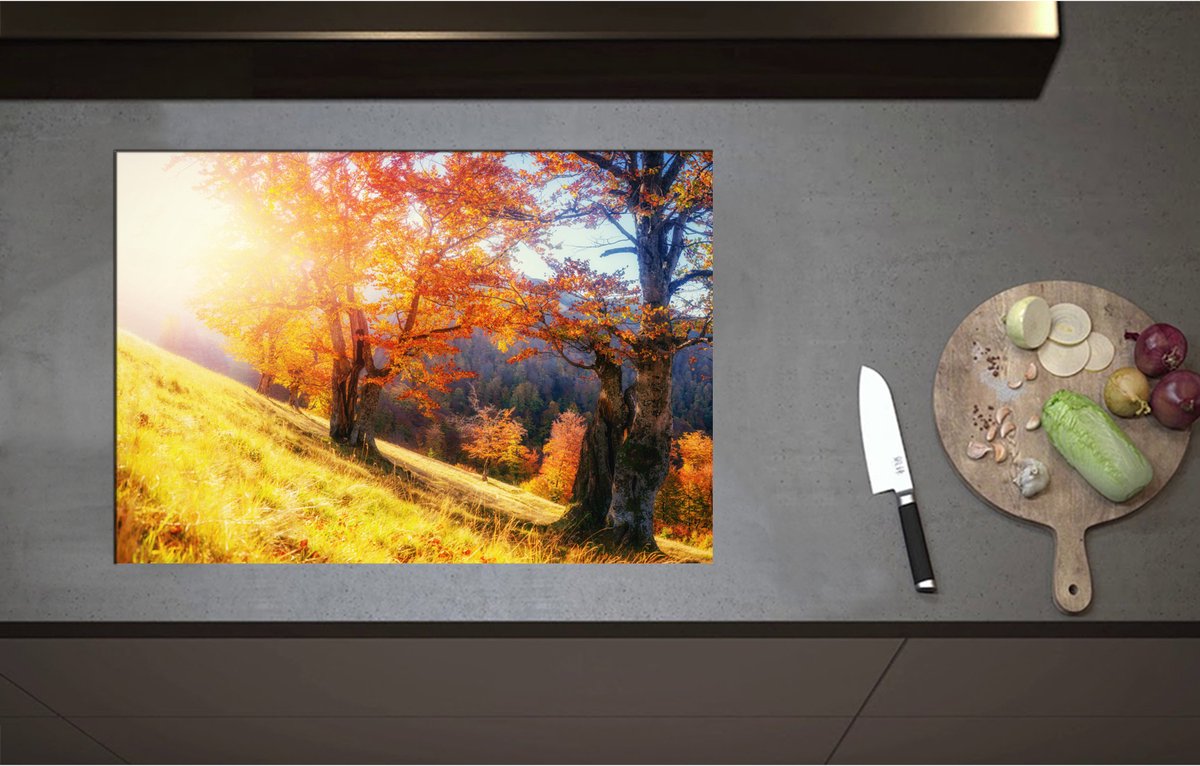 Inductieplaat Beschermer - Bomen op Rand van Berg in Herfst Tinten - 75x52 cm - 2 mm Dik - Inductie Beschermer - Bescherming Inductiekookplaat - Kookplaat Beschermer van Wit Vinyl