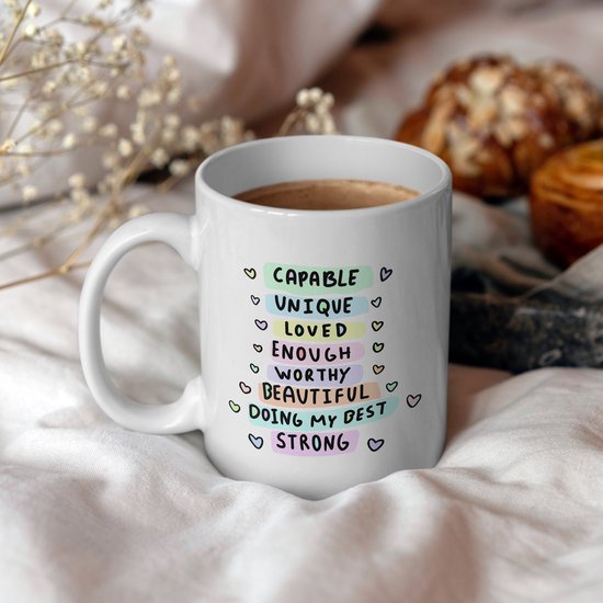 Foto: I am motiverende spreukjes handgemaakte mok dagelijkse affirmatie mok met positieve spreuken verjaardags cadeau moederdag cadeau voor moeder cadeau voor vrouw koffiemok theemok mok met quotes