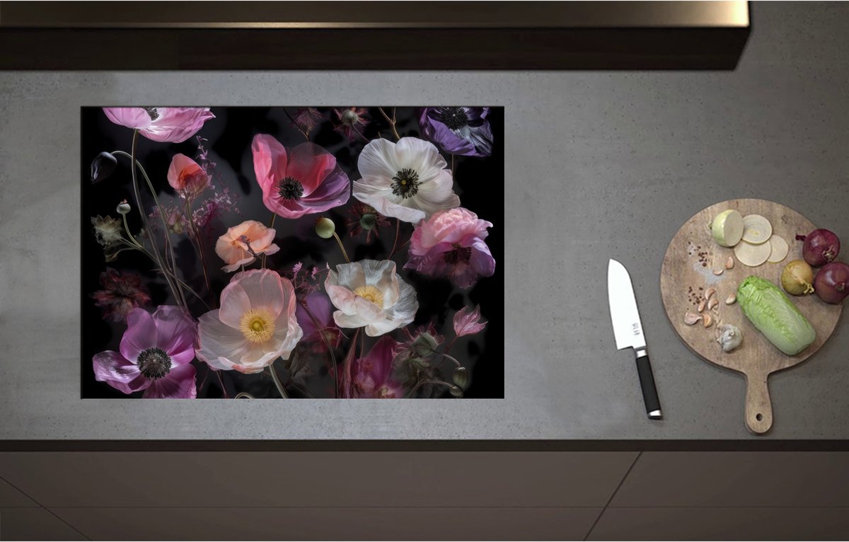 Inductieplaat Beschermer - Boeket van Stilleven in Witte en Roze Kleuren - 75x52 cm - 2 mm Dik - Inductie Beschermer - Bescherming Inductiekookplaat - Kookplaat Beschermer van Zwart Vinyl