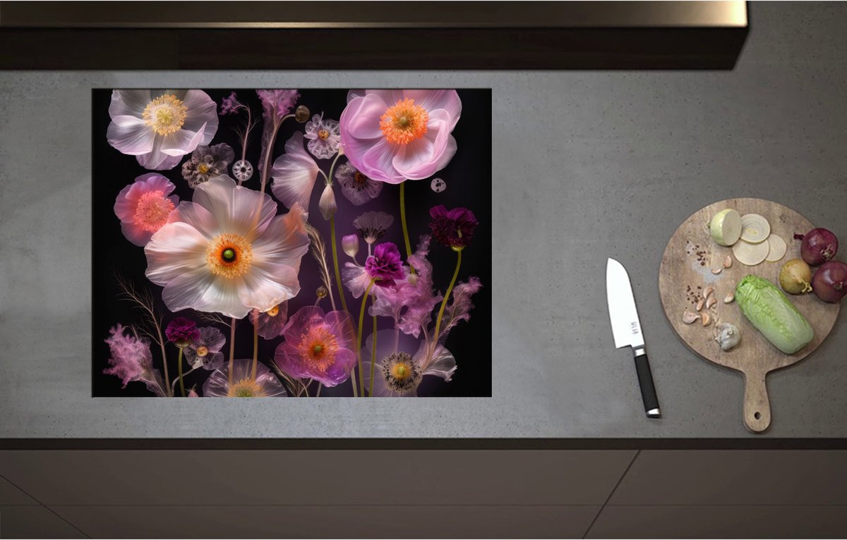 Inductieplaat Beschermer - Boeket van Roze Bloemen op Zwart Oppervlak - 71x55 cm - 2 mm Dik - Inductie Beschermer - Bescherming Inductiekookplaat - Kookplaat Beschermer van Wit Vinyl