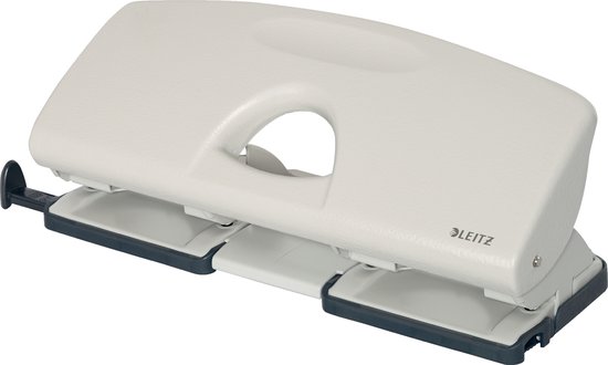 Grijze perforator met een gebogen handvat en het Leitz logo.