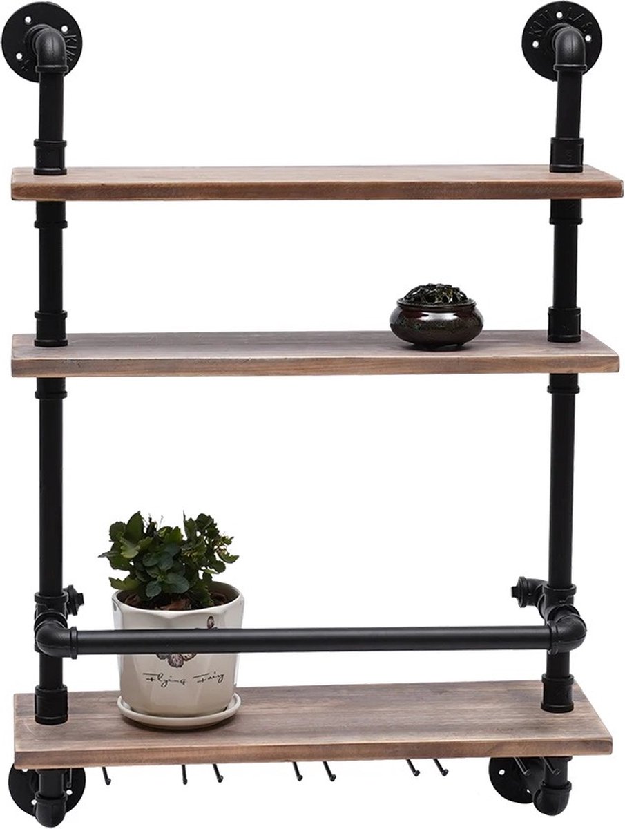 SureDeal® - Wandplank - Wijnrek - Wijnglazen Houder - 3 Planken - Industrieel - Hout - 100x60x20 cm - Woonkamer - Keuken - Slaapkamer - Wandrek - Muur — cadeau in Wonen & Interieur - foto 6