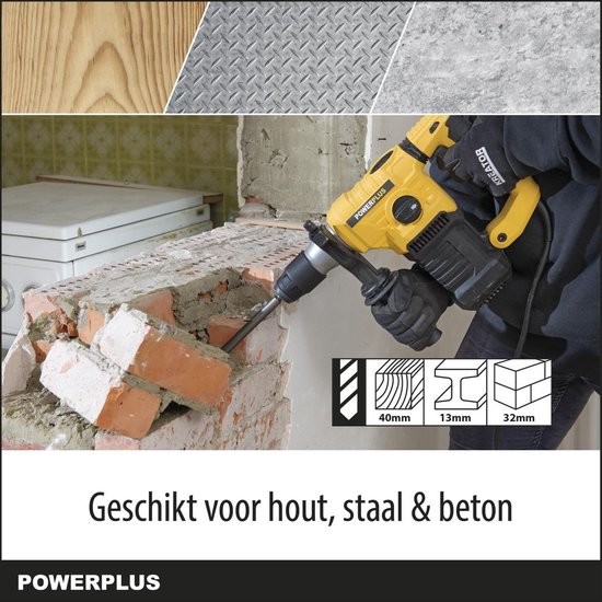 Gele Powerplus klopboormachine in gebruik om bakstenen muur af te breken. Geschikt voor hout, staal & beton.
