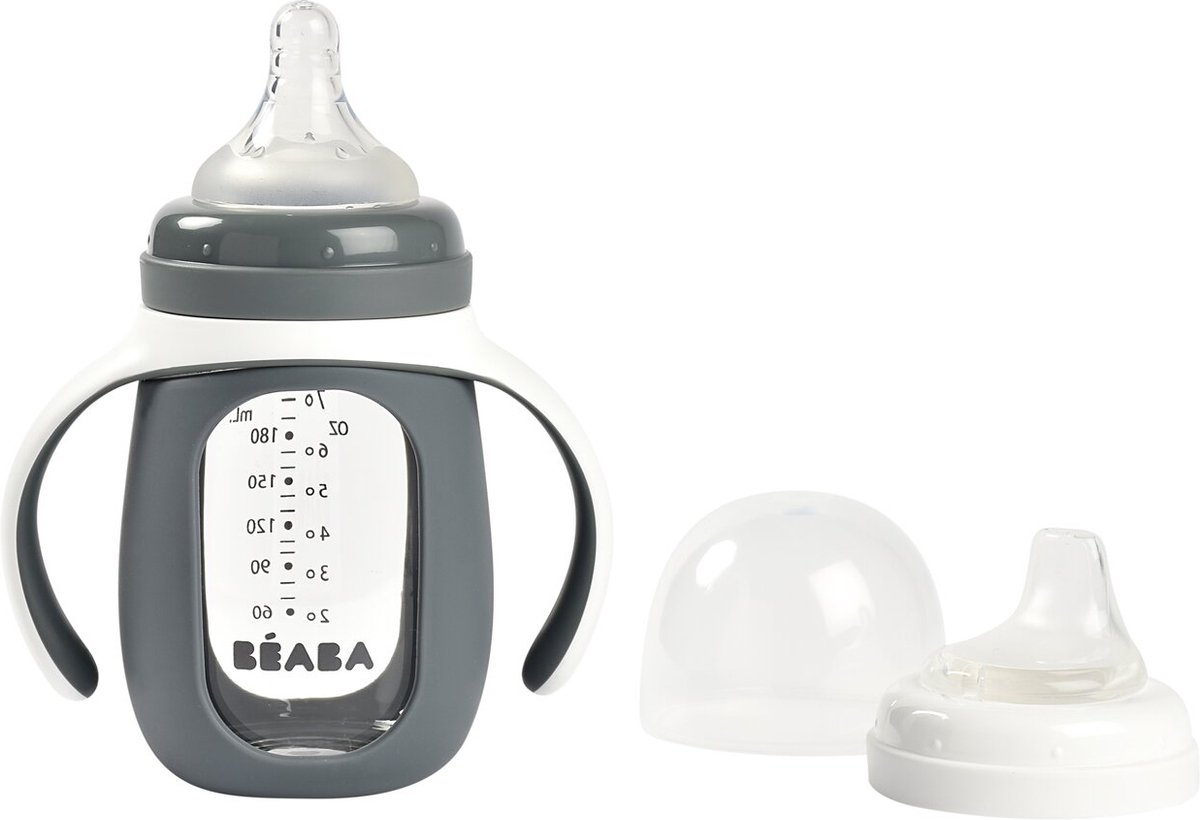 Goedkoopste Béaba Trainingsfles 2-in-1 - Glazen waterfles met siliconen hoes - Grijs - 210ml