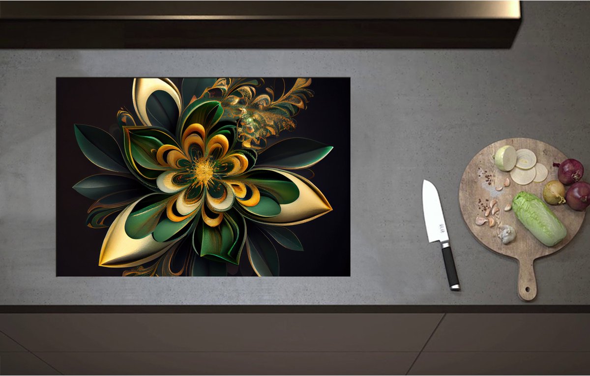 Inductieplaat Beschermer - Bloem in Groen en Goud Tinten - 75x51 cm - 2 mm Dik - Inductie Beschermer - Bescherming Inductiekookplaat - Kookplaat Beschermer van Zwart Vinyl