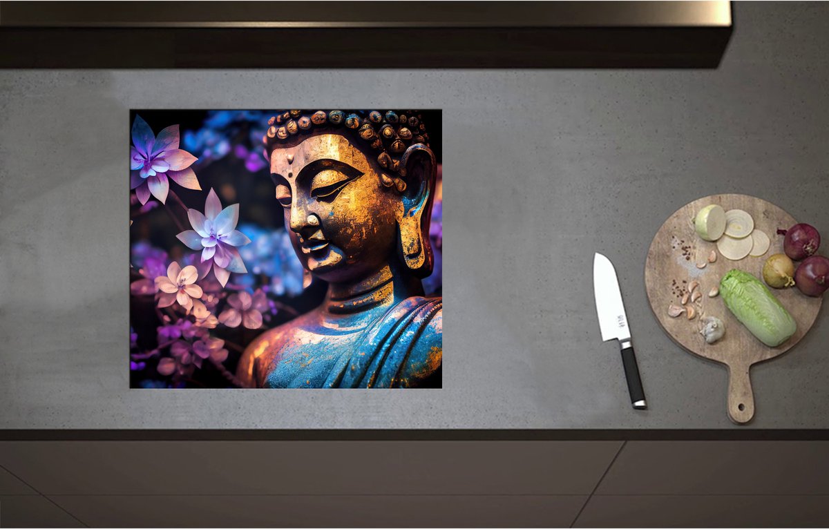 Inductieplaat Beschermer - Boeddha voor Struik vol Paarse Lelies - 57x51 cm - 2 mm Dik - Inductie Beschermer - Bescherming Inductiekookplaat - Kookplaat Beschermer van Wit Vinyl