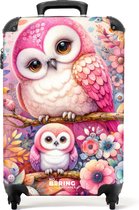 NoBoringSuitcases.com® - Valise cabine enfant Deux hiboux roses entourés de fleurs panachées - Bagage à main - Valise de voyage pour fille - Valise chariot - Valises 55x40x20 cm - 55x35x25 cm