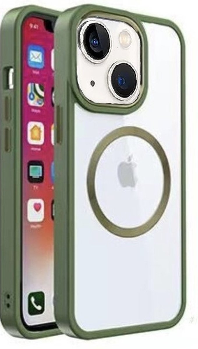 Cityhoesje - iPhone 15 - Backcover hoesje - Magsafe - Transparant - Camo donkergroen