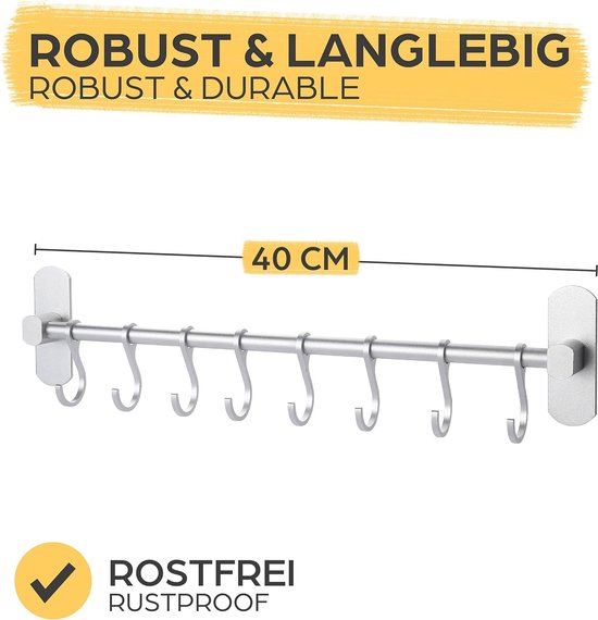 XHYASD Haaklijst keuken zonder boren, 40 cm keukenstrip met zuignap, zelfklevende haaklijst met 8 beweegbare haken, 20 kg draagvermogen, afneembare keukenhaak voor keuken, badkamer, slaapkamer