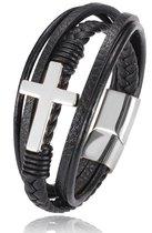 Armband Heren - Zwart Leer met Zilver kleurig Kruis - 21cm - Leren Armbanden - Cadeau voor Man - Mannen Cadeautjes