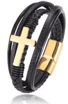 Armband Heren - Zwart Leer met Goud kleurig Kruis - 21cm - Leren Armbanden - Cadeau voor Man - Mannen Cadeautjes