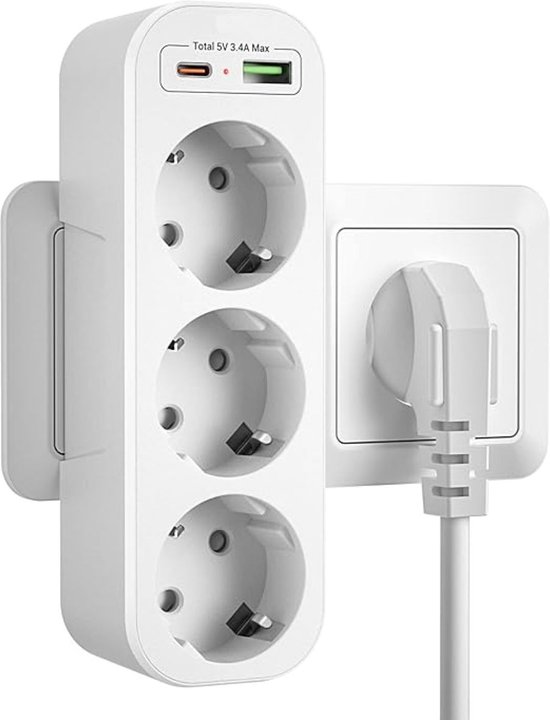 SHOP YOLO-stekkerdoos met usb C -Stekker Adapter 2 USB-laadpoorten Wandcontactdoos Adapter 3 Voorstopcontacten-Duitse Stekker 5 in 1- Wit