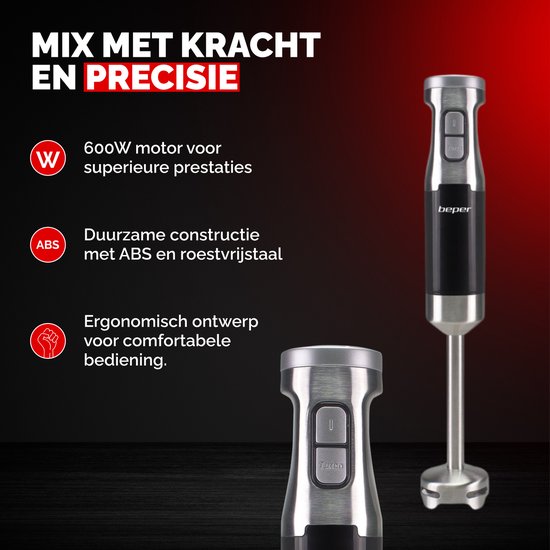 Beper Staafmixer - Handmixer - 600W - Instelbare Snelheden + Turbo Functie - Zilver/Zwart van Beper — afbeelding 2