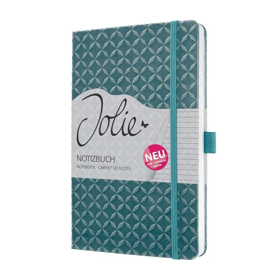 Turquoise notitieboek met geometrisch reliëf, 'Jolie' logo, 'Notizbuch' en 'Neu' sticker.