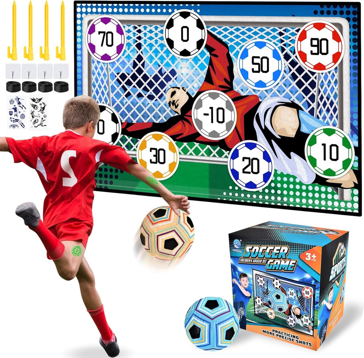 Voetbal Speelset voor kinderen 3 4 5 6 7 8, kinder voetbal speelgoed voor tuin binnen buiten, voetbalspeelmat, voetballen met klittenbandballen, voetbalverjaardagscadeaus voor jongens meisjes