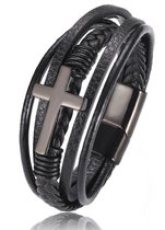 Armband Heren - Zwart Leer met Zwart kleurig Kruis - 23cm - Leren Armbanden - Cadeau voor Man - Mannen Cadeautjes