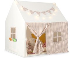 NOVOB® Speeltent - Kindertent - Speelhuisje voor Binnen - Inclusief Zachte Mat - Met Verlichting, Vlaggetjes & Opbergvakken - 125x100x127cm - Beige