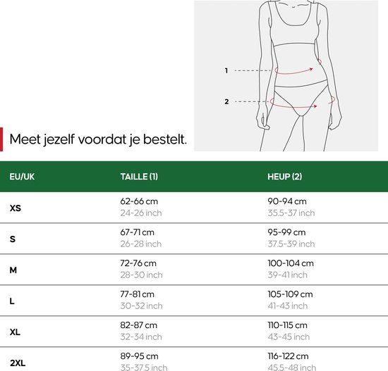 Tableau des tailles de sous-vêtements avec mesures de la taille et des hanches en tailles EU/UK.