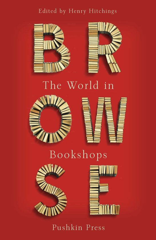BR>O>SE letters, gevormd uit boeken, op rode achtergrond. Titel: The World in Bookshops.