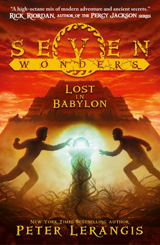 Boekomslag van "Seven Wonders: Lost in Babylon" met op de voorgrond twee jongens die naar een gloeiende bol reiken voor een tempel.