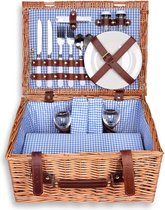Picknickmand 40x30x20cm rechthoekig van wilgenhout voor 2 personen - picknickkoffer picknickset binnen blauw geruit picnic basket
