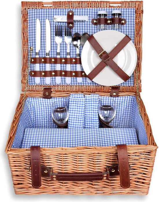 casa.pro Picknickmand Lumparland complete set voor 4 personen rieten mand picknickset van borden glazen bestek picknickkoffer 42x28x20 cm wit en blauw casa.pro Picknickmand Lumparland complete set voor 4 personen rieten mand picknickset van borden glazen bestek picknickkoffer 42x28x20 cm wit en blauw