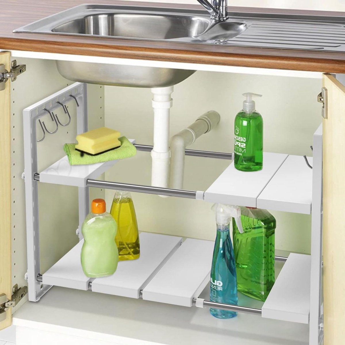 Uitbreidbare organizer voor onder de gootsteen met 2 lagen en 10 verwijderbare panelen multifunctioneel opbergrek met roestvrijstalen buizen en haken Sink organizer