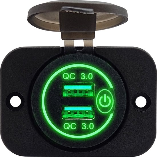 ProRide® 12V USB Stopcontact 2 Poorten Inbouw met Schakelaar - QC3.0 - PUSB1QC-G - USB Autolader, Boot en Camper - Complete set - Groen