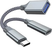 2-In-1 OTG USB Adapter - USB Type-C Naar USB+USB Type-C - Gegevensoverdracht Met Oplaadpoort - Grijs
